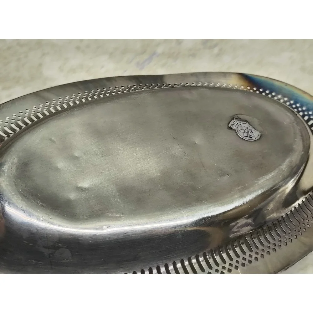 Vintage Dowd-Rogers small silver‎ plate pierced edge oval trinket small platter